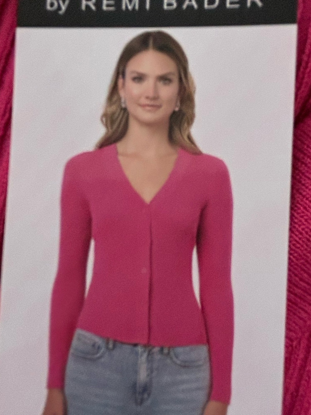 Remi Bader Women’s Fitted Pink V‑Neck Cardigan